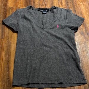 Ralph Lauren Charcoal V-Neck Tee with Pink Logo